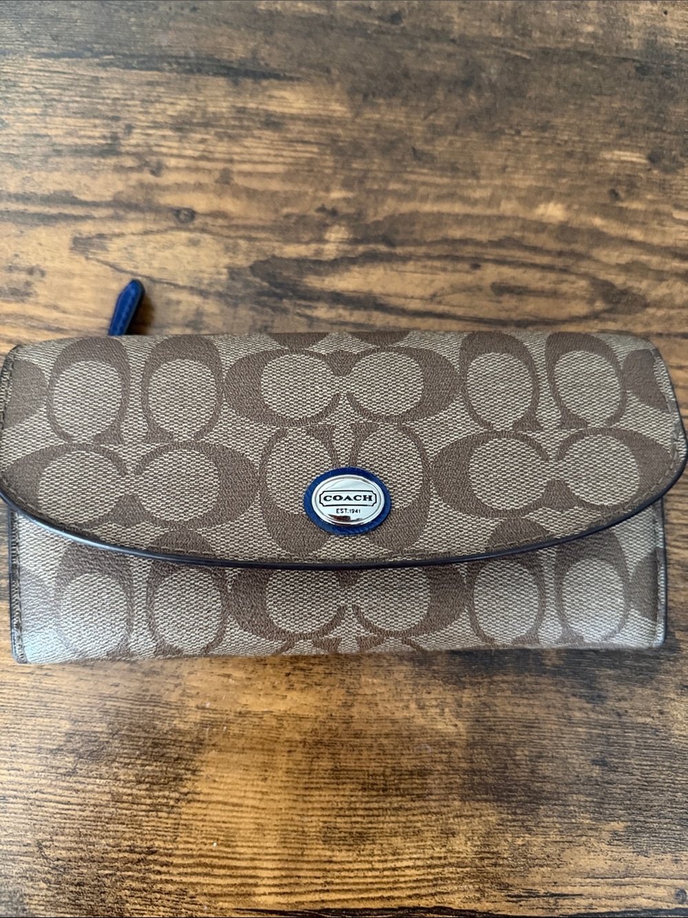 Coach Brown Signature Trifold Wallet with Blue Trim